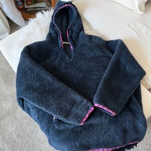 Natural Life navy blue Sherpa hoodie with ribbon and tassel edges one size